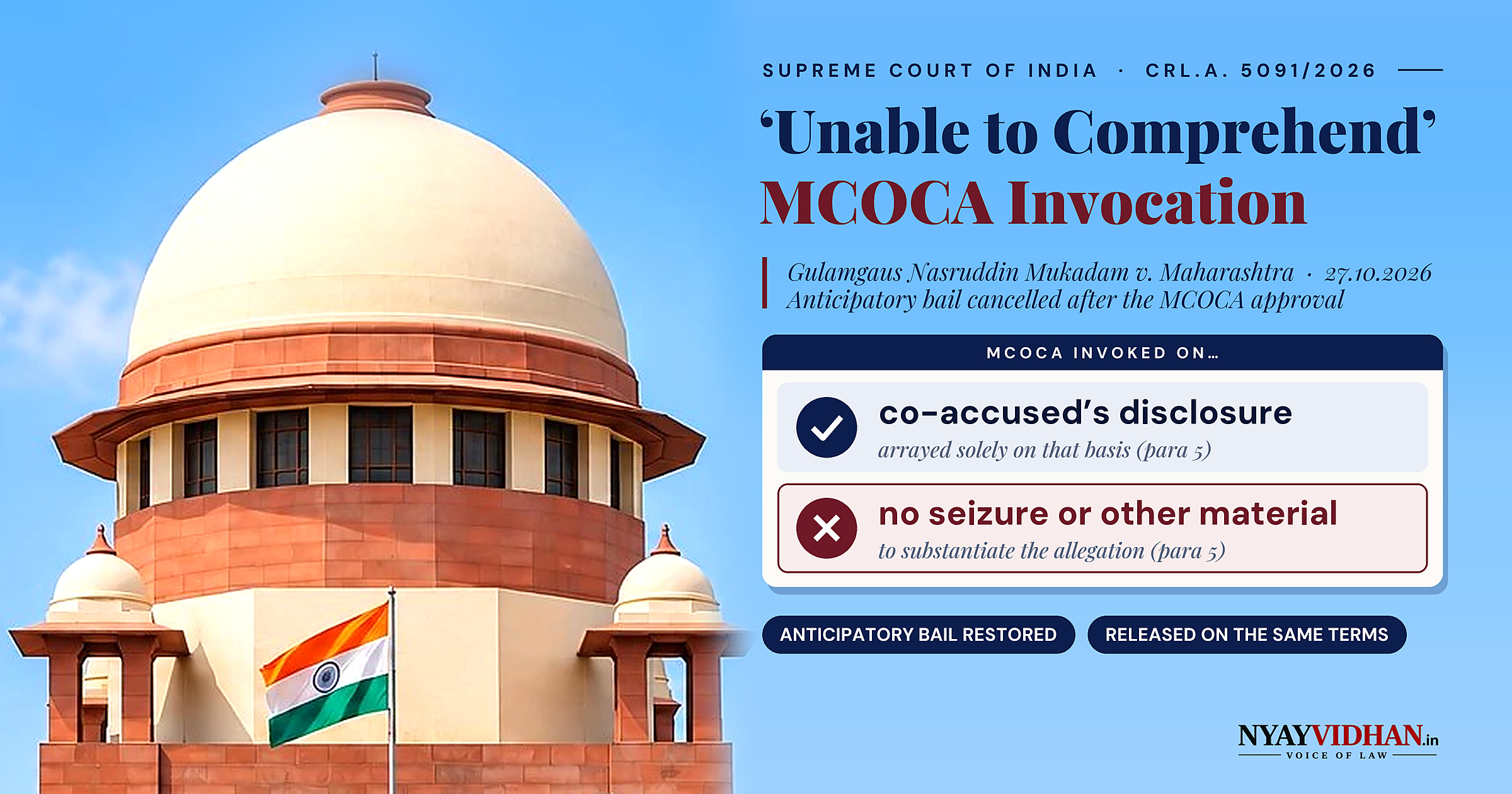 Supreme Court Restores Anticipatory Bail, Questions MCOCA Invocation Against Man Named Only in Co-Accused's Disclosure