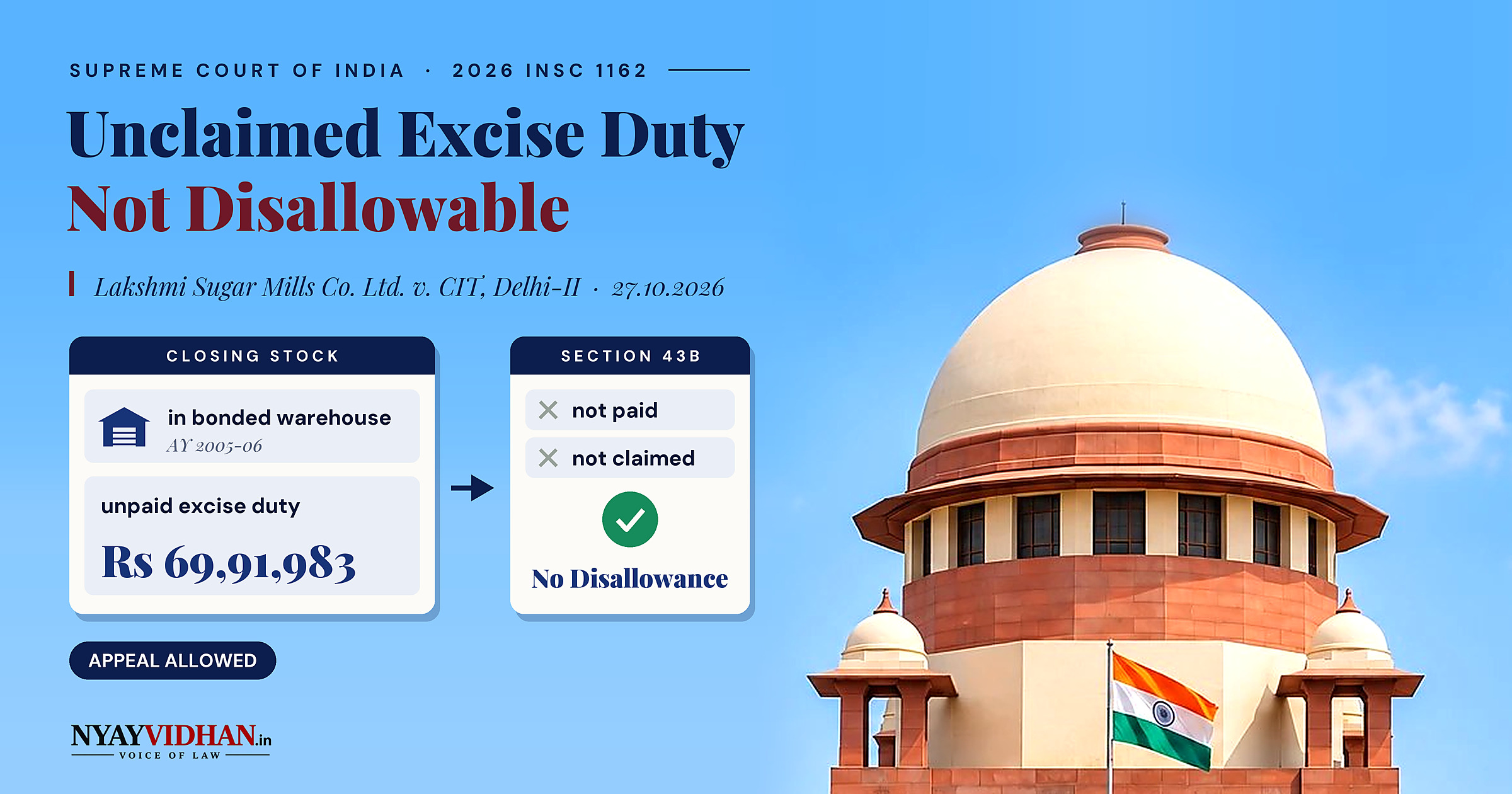 Unpaid Excise Duty on Uncleared Sugar Stock Cannot Be Disallowed Under Section 43B When Never Claimed: Supreme Court