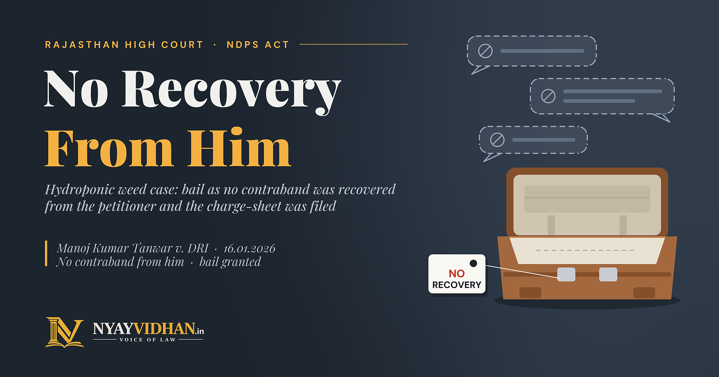No Recovery From Him, Charge-Sheet Filed: Rajasthan High Court Grants Bail in DRI Hydroponic Weed Case
