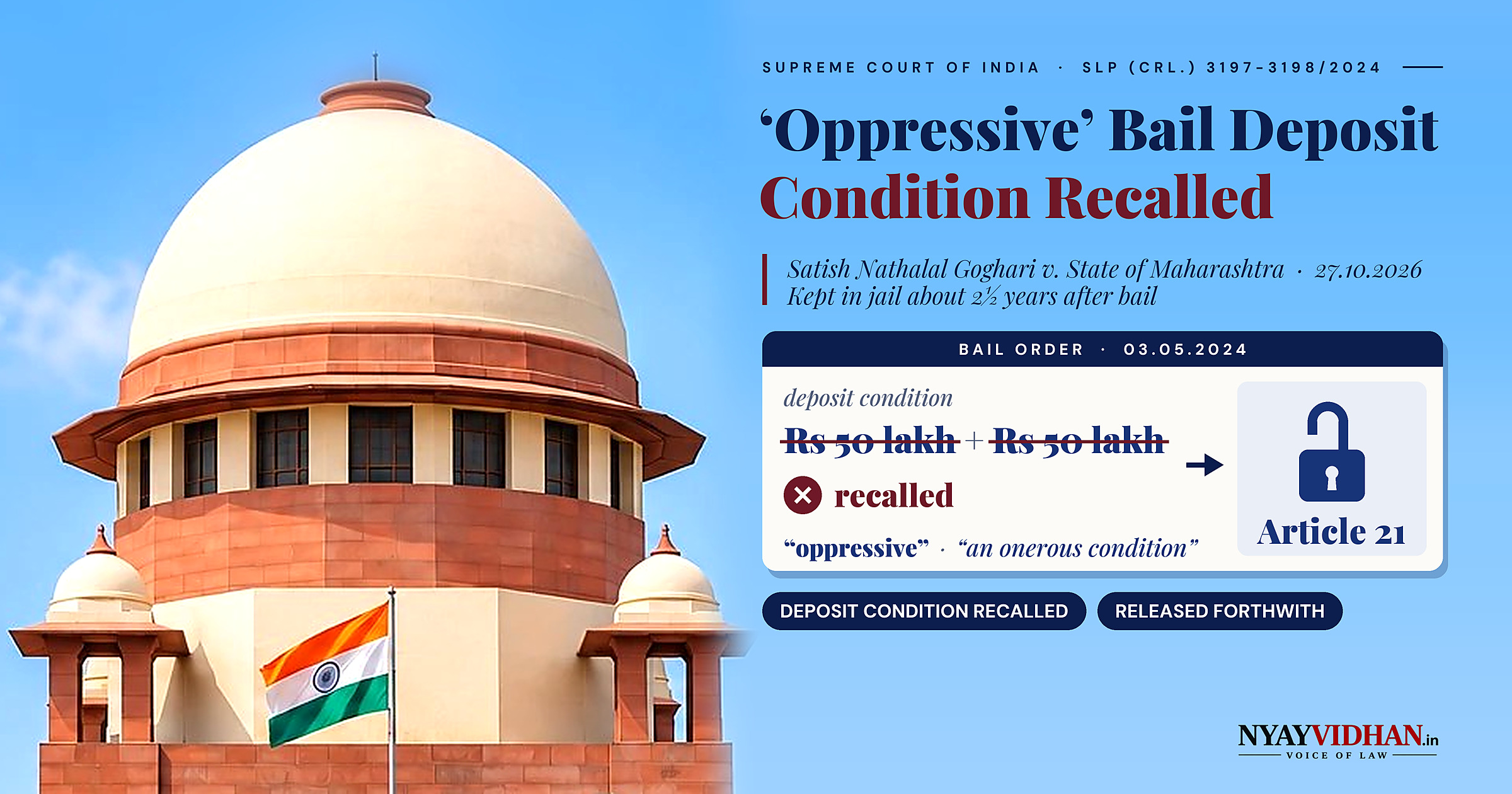 Supreme Court Recalls 'Oppressive' Rs. 1 Crore Deposit Condition That Kept Accused in Jail 2½ Years After Bail